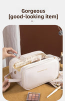 White Large Capacity PU Leather Makeup Bag Dual Zipper Cosmetic Case Waterproof Travel Toiletry Organiser with Brush Compartment