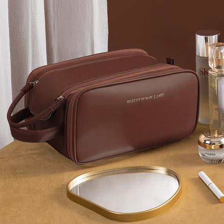 Brown Large Capacity PU Leather Makeup Bag Dual Zipper Cosmetic Case Waterproof Travel Toiletry Organiser with Brush Compartment