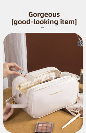 Brown Large Capacity PU Leather Makeup Bag Dual Zipper Cosmetic Case Waterproof Travel Toiletry Organiser with Brush Compartment