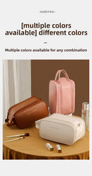 Brown Large Capacity PU Leather Makeup Bag Dual Zipper Cosmetic Case Waterproof Travel Toiletry Organiser with Brush Compartment