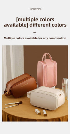 Brown Large Capacity PU Leather Makeup Bag Dual Zipper Cosmetic Case Waterproof Travel Toiletry Organiser with Brush Compartment