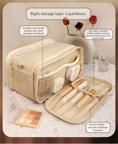 Luxury Cream Beige Large Capacity Makeup Bag – 3-Layer Double Zipper Travel Toiletry Organizer with Waterproof TPU Brush Holders