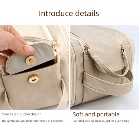 Luxury Cream Beige Large Capacity Makeup Bag – 3-Layer Double Zipper Travel Toiletry Organizer with Waterproof TPU Brush Holders