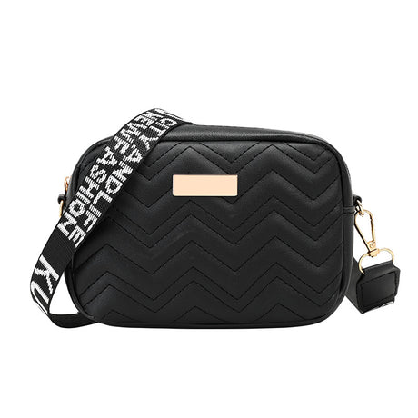 Women's Black Quilted Crossbody Bag Small PU Leather Shoulder Purse with Wide Patterned Strap Ideal for Travel and Daily Use