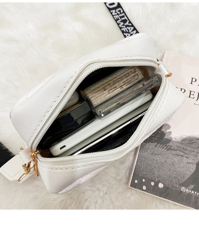Women's White Quilted Crossbody Bag Small PU Leather Shoulder Purse with Wide Patterned Strap Ideal for Travel and Daily Use