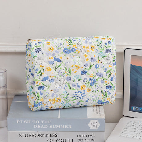 3SET Quilted Floral Makeup Bag Collection Cute Rabbit Pattern Cosmetic Pouch &Travel Toiletry Organizer & Pencil Case for School and Home
