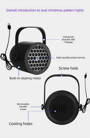 Black Christmas LED Projector Light Portable USB Holiday Atmosphere Lamp with 360 Degree Rotating Stand for Indoor Home and Party Decoration Santa Snowman Patterns