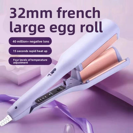 32mm French Style Hair Waver Curler Mermaid Waves Iron V-Shape Barrel Negative Ion Fast Heating Styling Tool Pink AU Plug