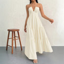 Apricot XL Size Women's Elegant Halter Maxi Dress Summer Backless V-Neck Sleeveless Long Beach Resort Gown