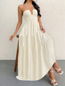 Apricot XL Size Women's Elegant Halter Maxi Dress Summer Backless V-Neck Sleeveless Long Beach Resort Gown