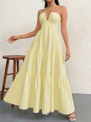 Yellow S Size Women's Elegant Halter Maxi Dress Summer Backless V-Neck Sleeveless Long Beach Resort Gown