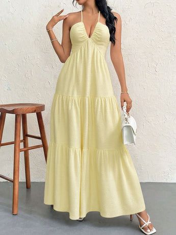 Yellow S Size Women's Elegant Halter Maxi Dress Summer Backless V-Neck Sleeveless Long Beach Resort Gown