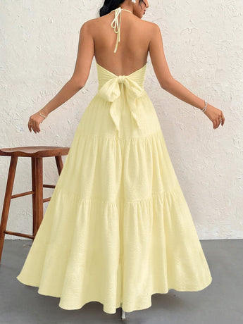 Apricot M Size Women's Elegant Halter Maxi Dress Summer Backless V-Neck Sleeveless Long Beach Resort Gown