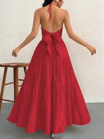 Red M Size Women's Elegant Halter Maxi Dress Summer Backless V-Neck Sleeveless Long Beach Resort Gown