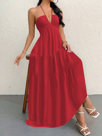 Red L Size Women's Elegant Halter Maxi Dress Summer Backless V-Neck Sleeveless Long Beach Resort Gown