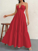Red L Size Women's Elegant Halter Maxi Dress Summer Backless V-Neck Sleeveless Long Beach Resort Gown