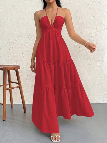 Redt XL Size Women's Elegant Halter Maxi Dress Summer Backless V-Neck Sleeveless Long Beach Resort Gown