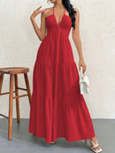 Redt XL Size Women's Elegant Halter Maxi Dress Summer Backless V-Neck Sleeveless Long Beach Resort Gown