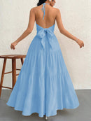Blue M Size Women's Elegant Halter Maxi Dress Summer Backless V-Neck Sleeveless Long Beach Resort Gown