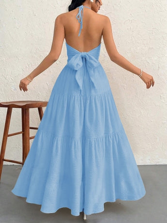 Blue M Size Women's Elegant Halter Maxi Dress Summer Backless V-Neck Sleeveless Long Beach Resort Gown