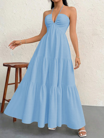 Blue L Size Women's Elegant Halter Maxi Dress Summer Backless V-Neck Sleeveless Long Beach Resort Gown