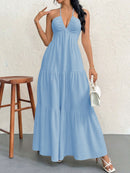 Blue XL Size Women's Elegant Halter Maxi Dress Summer Backless V-Neck Sleeveless Long Beach Resort Gown