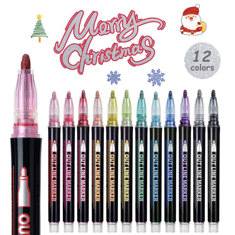 24 Piece Double Line Outline Pen Set Glitter Paint Markers 12 Colors Self-Outline Metallic Shimmer Pens for DIY Crafts Cards