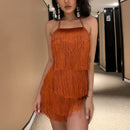 Women's Halter Neck Tassel Playsuit Sexy Backless Tiered Fringe Romper Coffee brown for Summer Festivals and Parties S