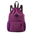 Large Drawstring Backpack Waterproof Gym Bag Lightweight Sports Sackpack with Zipper Pockets for Travel and Swimming Purple