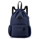 Large Drawstring Backpack Waterproof Gym Bag Lightweight Sports Sackpack with Zipper Pockets for Travel and Swimming navy blue