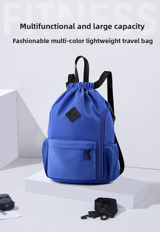 Large Drawstring Backpack Waterproof Gym Bag Lightweight Sports Sackpack with Zipper Pockets for Travel and Swimming navy blue