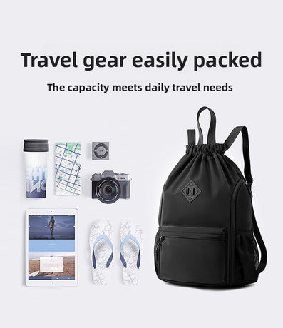 Large Drawstring Backpack Waterproof Gym Bag Lightweight Sports Sackpack with Zipper Pockets for Travel and Swimming navy blue