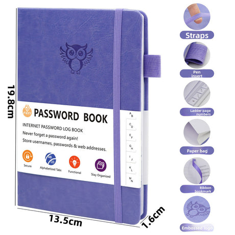 Black Password Log Book with Alphabetical Tabs Internet Address Organizer Small PU Leather Notebook with Owl Design Pen Holder and Inner Pocket Ideal for Home and Office