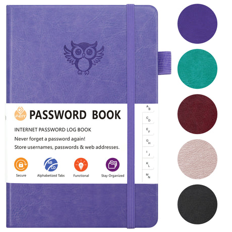 Deep purple Password Log Book with Alphabetical Tabs Internet Address Organizer Small PU Leather Notebook with Owl Design Pen Holder and Inner Pocket Ideal for Home and Office