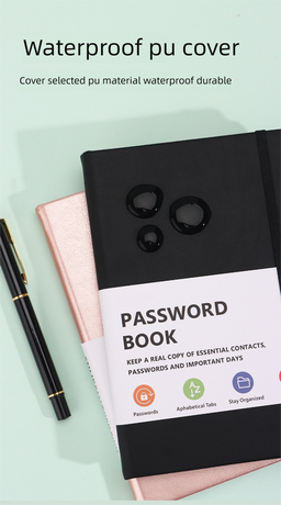 Black Password Book with Alphabetical Tabs B6 Hardcover Internet Address Logbook & Password Organizer with Pen Loop Elastic Band and Inner Pocket