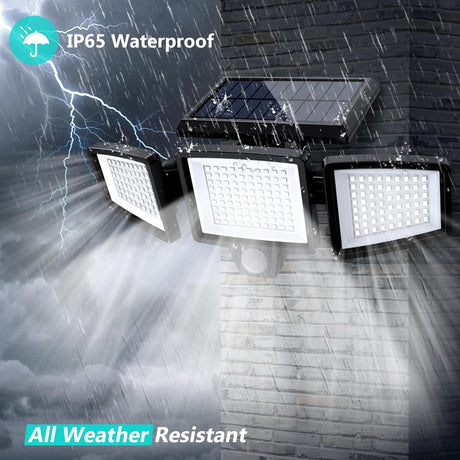 Solar Outdoor Security Lights Motion Sensor 210 LED - 3 Adjustable Heads Flood Light with Remote Control IP65 Waterproof for Garden Garage & Yard