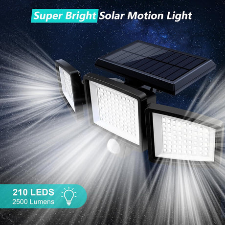 Solar Outdoor Security Lights Motion Sensor 210 LED - 3 Adjustable Heads Flood Light with Remote Control IP65 Waterproof for Garden Garage & Yard