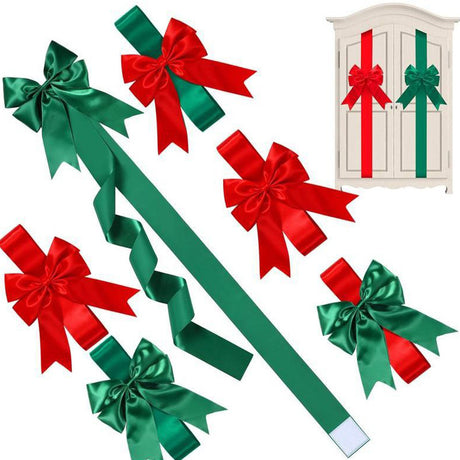 Green Satin Cabinet Door Bows 5 Pack - Large Pre-made Ribbon with Velcro Attachment for Kitchen Cupboards, Weddings, Gift Wrapping & Party Decor - Adjustable Fit