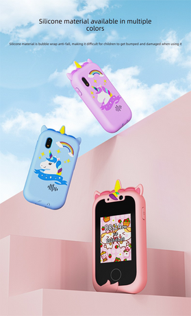 Kids Smart Phone Toy with Dual Camera and IPS Touch Screen Blue Dinosaur Silicone Case Educational Games MP3 Music Player 512MB Card Included Ideal Gift for Boys