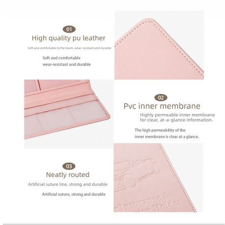 Car Registration and Insurance Holder - Premium PU Leather Vehicle Document Wallet - Slim Glove Box Organiser for Rego Papers, Logbook & ID Cards - Pink