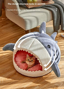 Novelty Shark Pet Cave Bed Enclosed Cozy Sleeping Nest for Cats and Small Dogs Soft Flannel Year Round Comfort Light Blue M Size