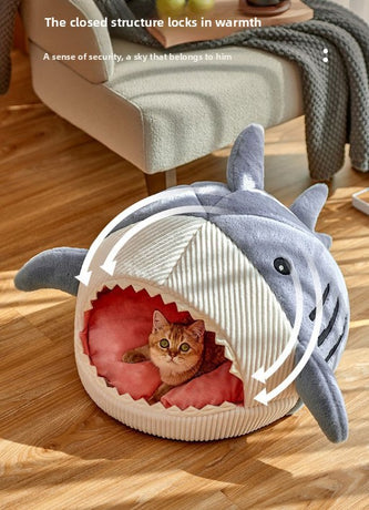 Novelty Shark Pet Cave Bed Enclosed Cozy Sleeping Nest for Cats and Small Dogs Soft Flannel Year Round Comfort Light Gray M Size
