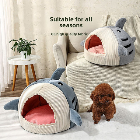 Novelty Shark Pet Cave Bed Enclosed Cozy Sleeping Nest for Cats and Small Dogs Soft Flannel Year Round Comfort Light Gray L Size
