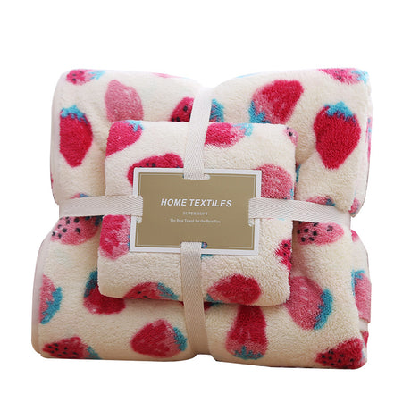 2 Pack Strawberry Coral Fleece Bath Towel Set - Ultra Soft Absorbent Microfibre Bathroom Towels with Hanging Loop - 70x140cm & 35x75cm