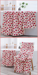 2 Pack Strawberry Coral Fleece Bath Towel Set - Ultra Soft Absorbent Microfibre Bathroom Towels with Hanging Loop - 70x140cm & 35x75cm