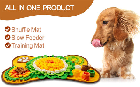 Interactive Dog Snuffle Mat Bone Shape 64x43cm - Slow Feeder & Foraging Puzzle Toy - Golden Yellow Fleece Nosework Pad for Anxiety Relief & Mental Stimulation