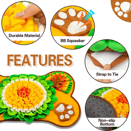 Interactive Dog Snuffle Mat Bone Shape 64x43cm - Slow Feeder & Foraging Puzzle Toy - Golden Yellow Fleece Nosework Pad for Anxiety Relief & Mental Stimulation