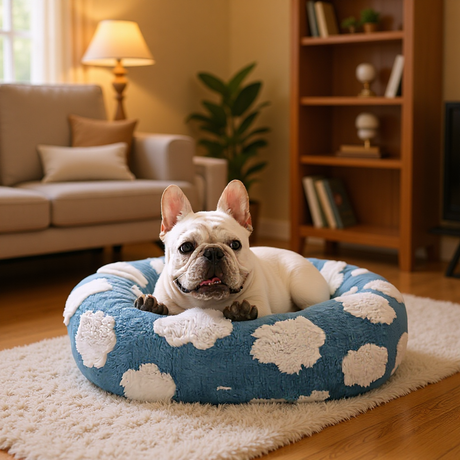 50cm Round Pet Bed Blue Sky & Clouds Design - Soft Plush Donut Cuddler for Small Dogs & Cats - Calming Anxiety Relief & All-Season Comfort