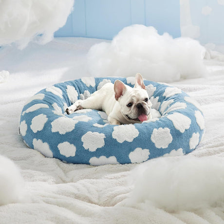 50cm Round Pet Bed Brown & White Checkerboard - Soft Plush Donut Cuddler for Small Dogs & Cats - Calming Anxiety Relief & All-Season Comfort