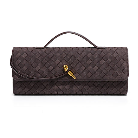 Retro Woven Baguette Handbag for Women Suede Texture PU Leather Shoulder Crossbody Bag Elegant Evening Clutch Coffee Brown